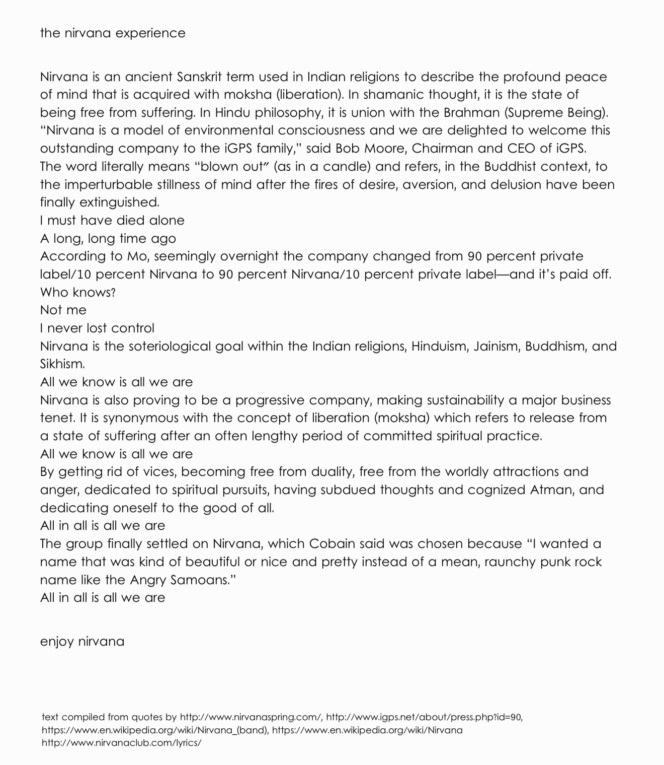 Text composition titled the nirvana experience, combining definitions, commercial language, cultural references, and repeated phrases around nirvana.