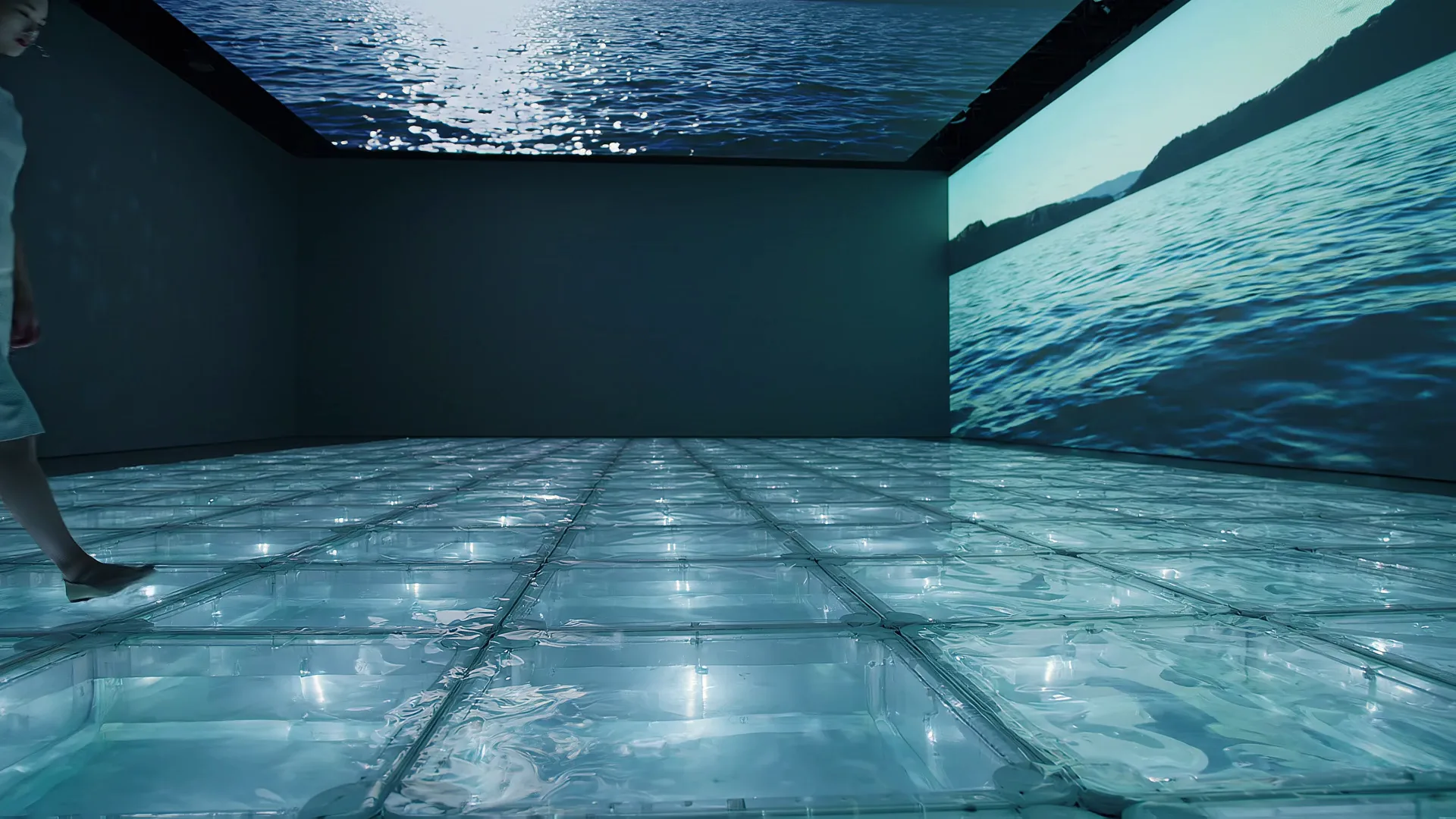 Walking on VateR — still frame from the 2026 concept visualization showing the water-filled modular floor and water imagery across walls and ceiling