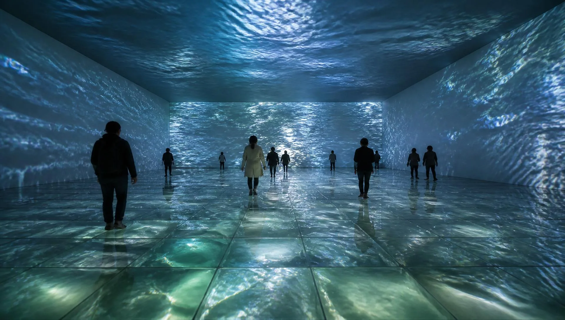 Walking on VateR, 2013/2026 — a darkened contemporary gallery whose entire floor is covered with sealed modular water-filled cells while documentary water imagery extends across the walls and ceiling; visitors walk across the reflective surface