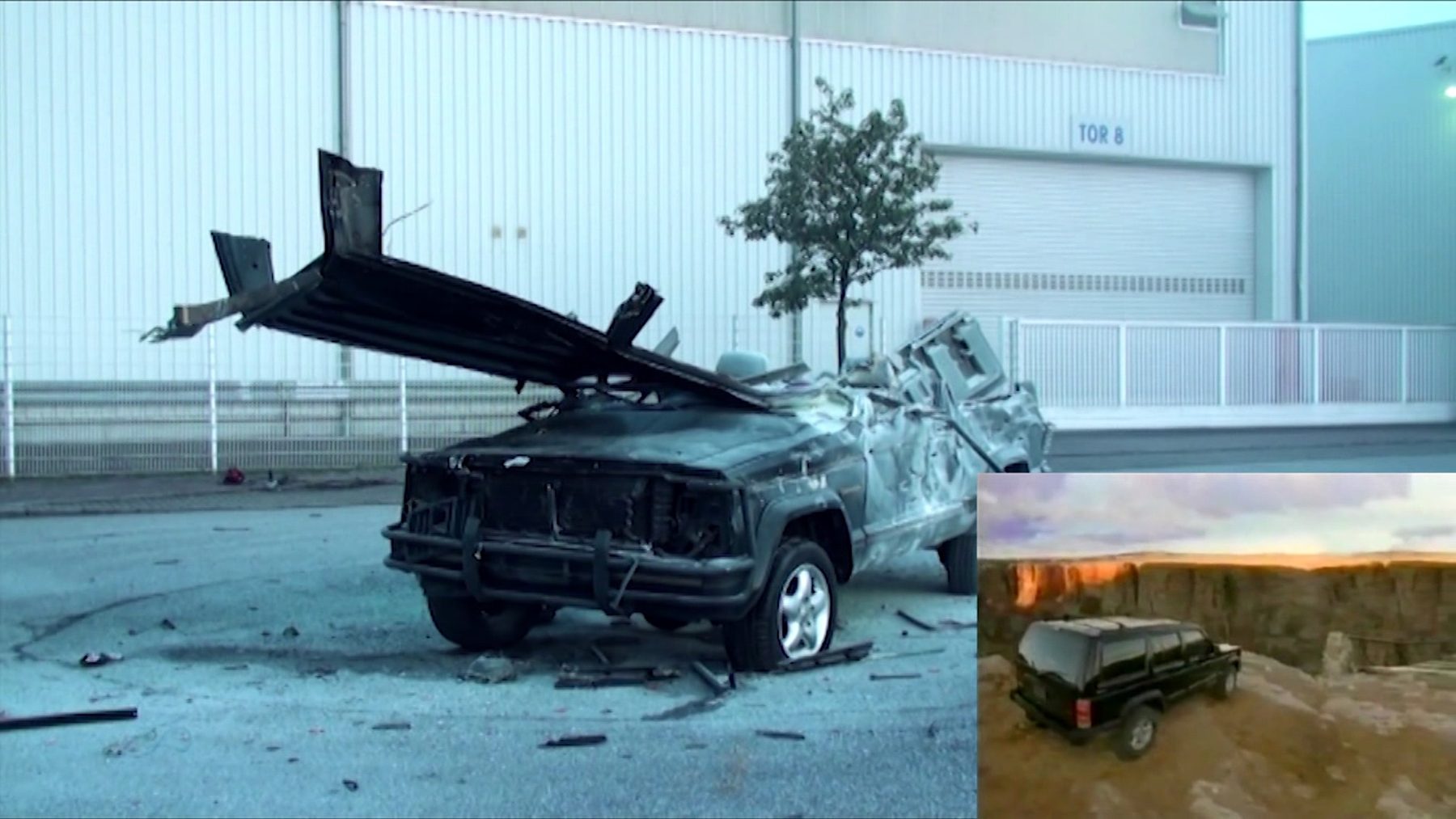 Origin is Absent, 2011 — fully destroyed black SUV in a bright industrial yard beside a lone tree, with an inset of the intact vehicle in a quarry at sunrise, by Hannes Bend