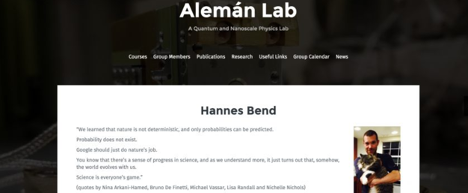 Screenshot of the Alemán Lab website at the University of Oregon showing a page for Hannes Bend with quotations about science and probability and a small portrait photograph.
