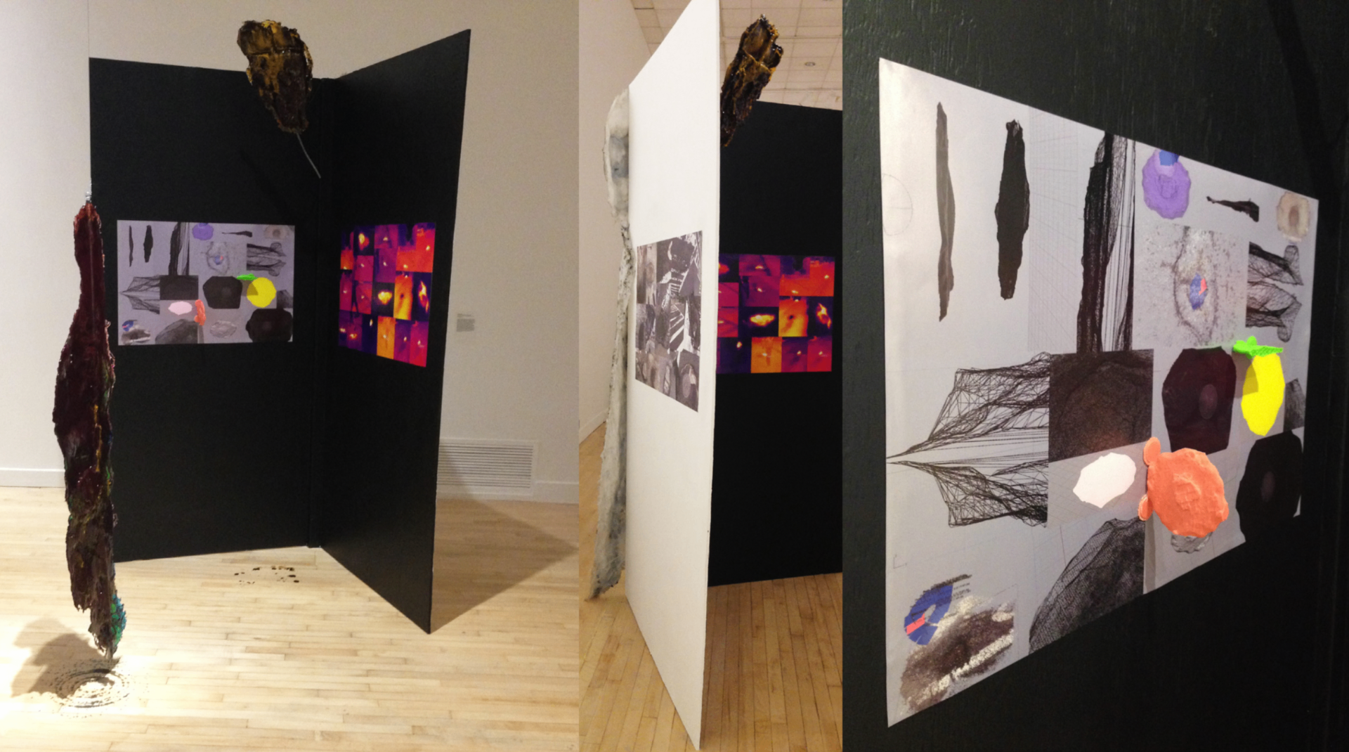 Installation details showing candy casts, moulds, posters and thermal documentation