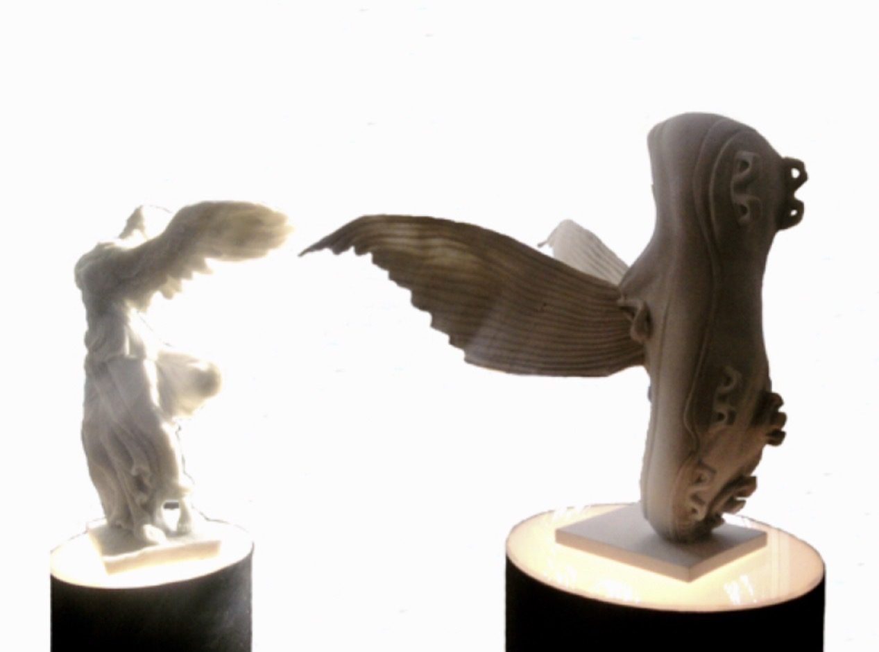 Nike, 2010 — 3D-printed sculptures of the merged Nike Mercurial SuperFly Vapor II boot and Nike of Samothrace on illuminated steel pedestals, by Hannes Bend