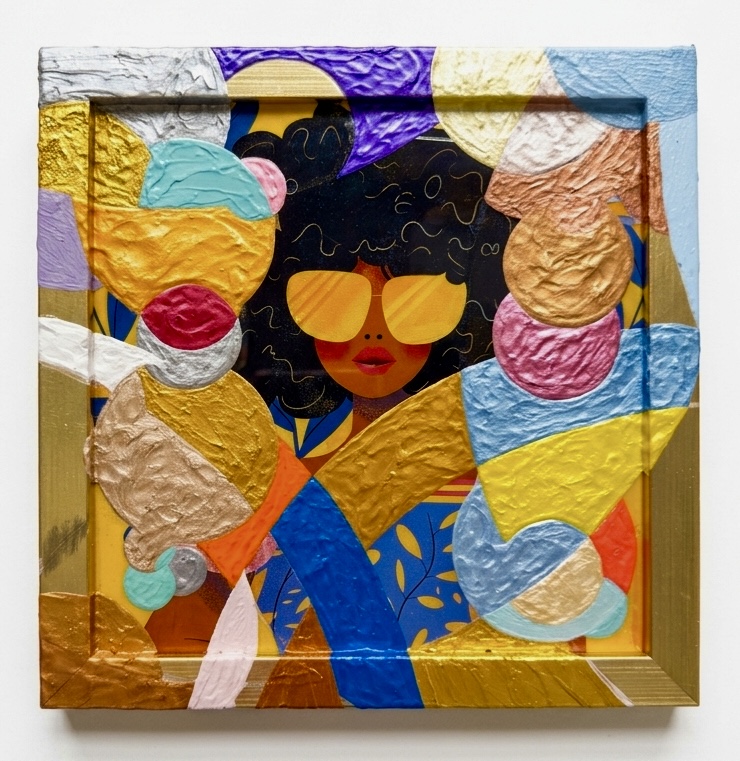 NBhOpe, 2026 — square acrylic portrait painting by Hannes Bend of a woman with reflective yellow sunglasses and dark curls amid bold textured color fields; CircUlaR Series