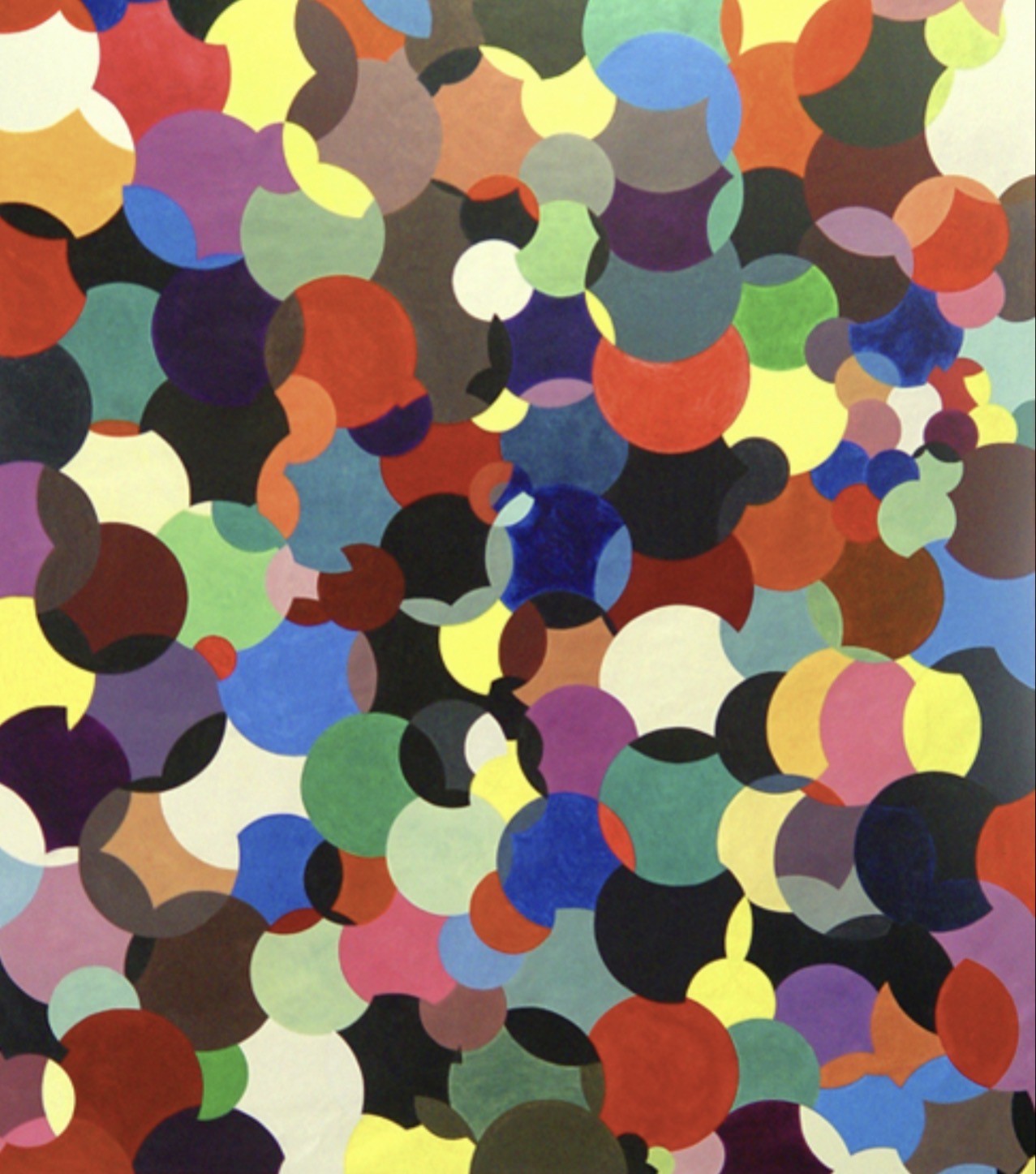 paintonoone, 2004 — acrylic and oil on canvas painting of overlapping multicolor circles on a dark ground by Hannes Bend
