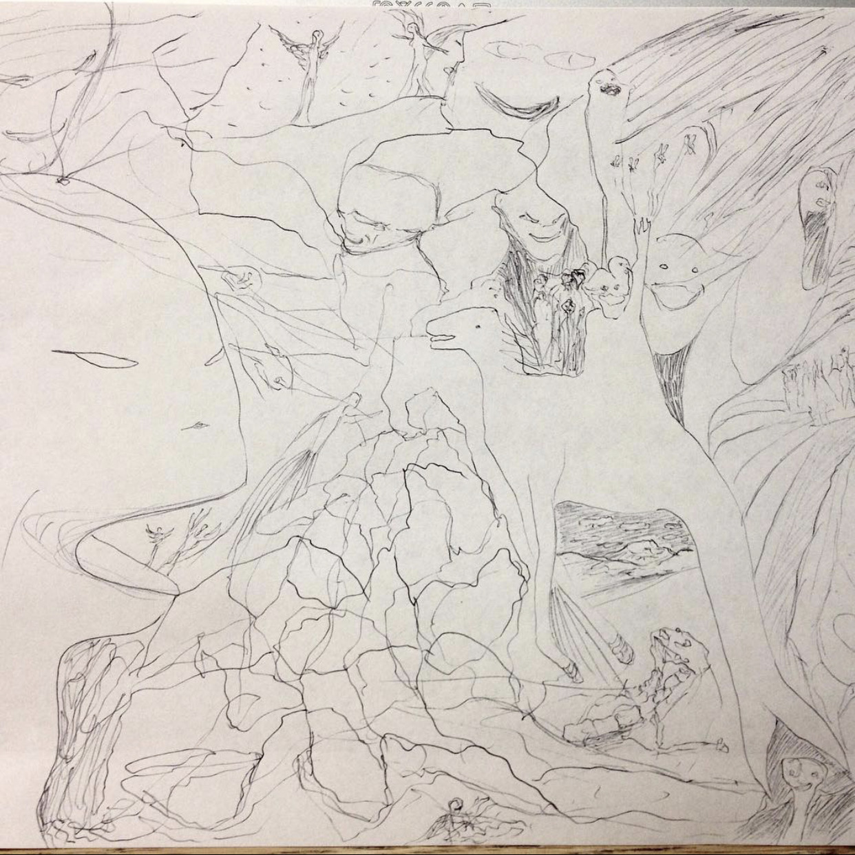 Untitled, 2008 — dense pen-and-ink drawing on paper with mountainous, figural and mythological forms, by Hannes Bend