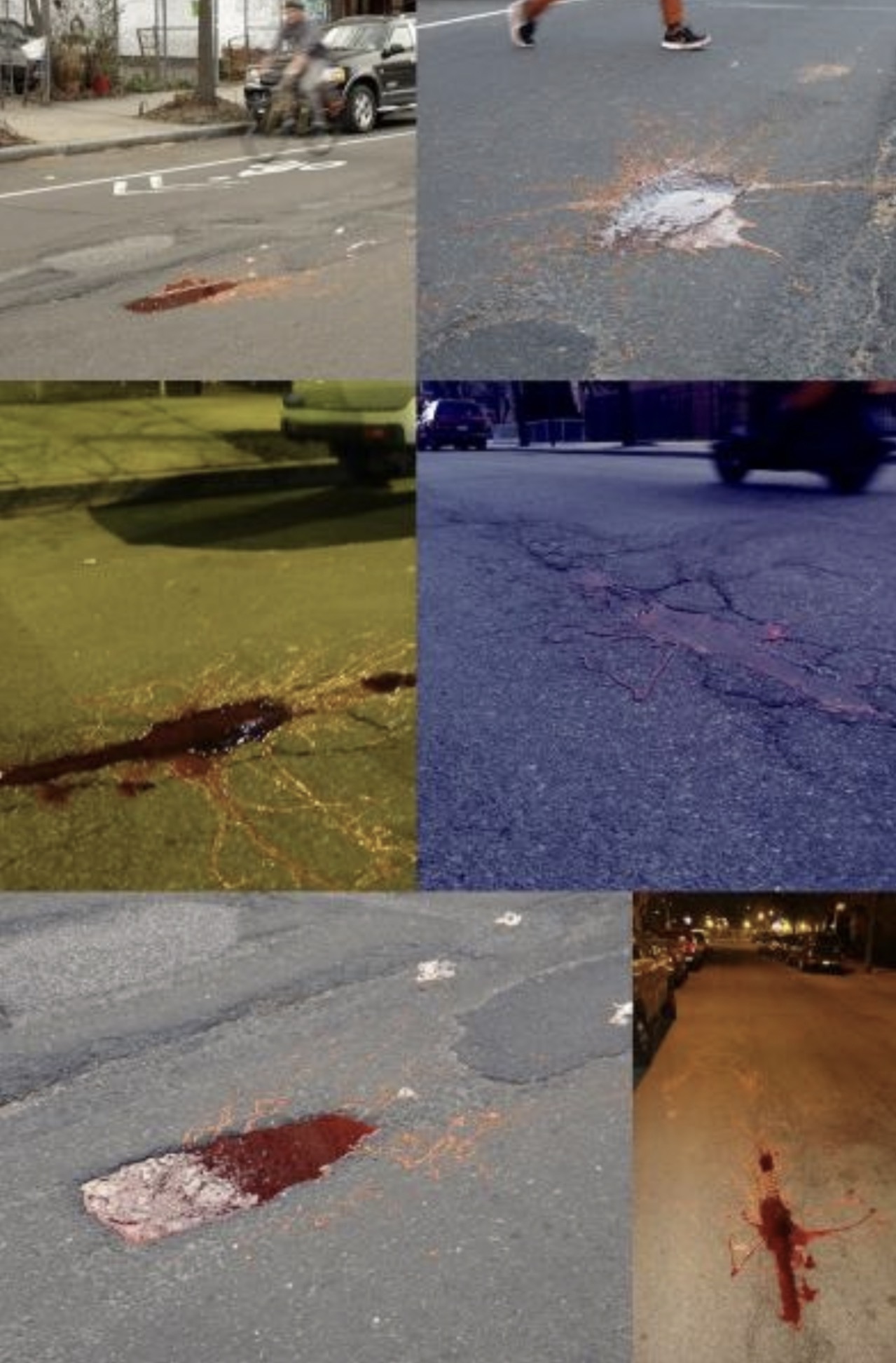 Candy poured into damaged New York City street surfaces for Bronx Bit(e)s, 2014–2015.