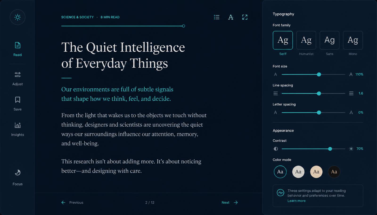 Adaptive reading interface — concept visualization