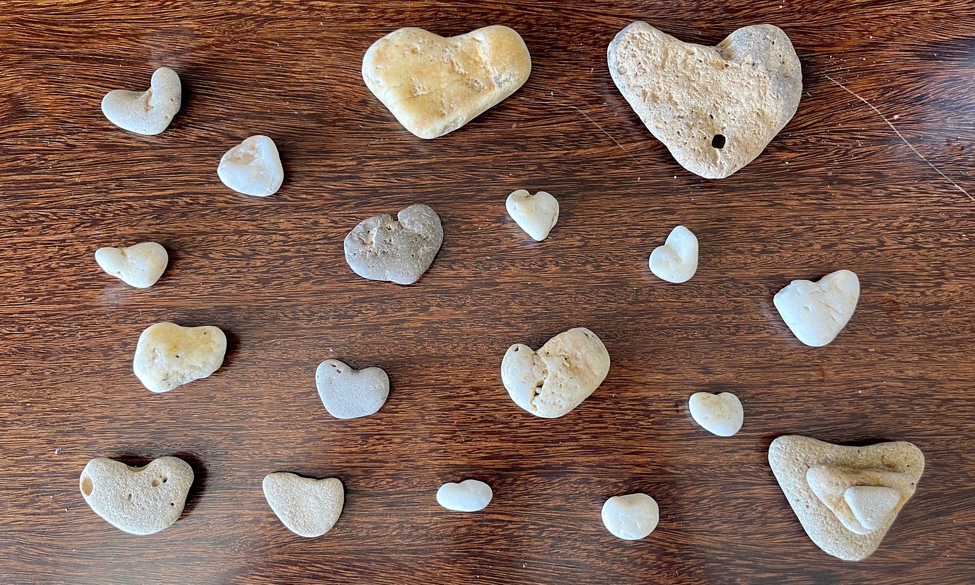 About twenty naturally heart-shaped beach stones of different sizes laid out on a dark wooden table.