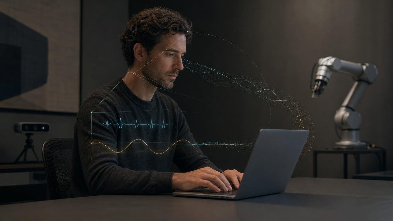 Conceptual diagram showing a person interacting with a bioadaptive digital interface that responds to breathing, pulse, posture and interaction signals, alongside distinct layers representing Somatic AI, affective computing and embodied AI.