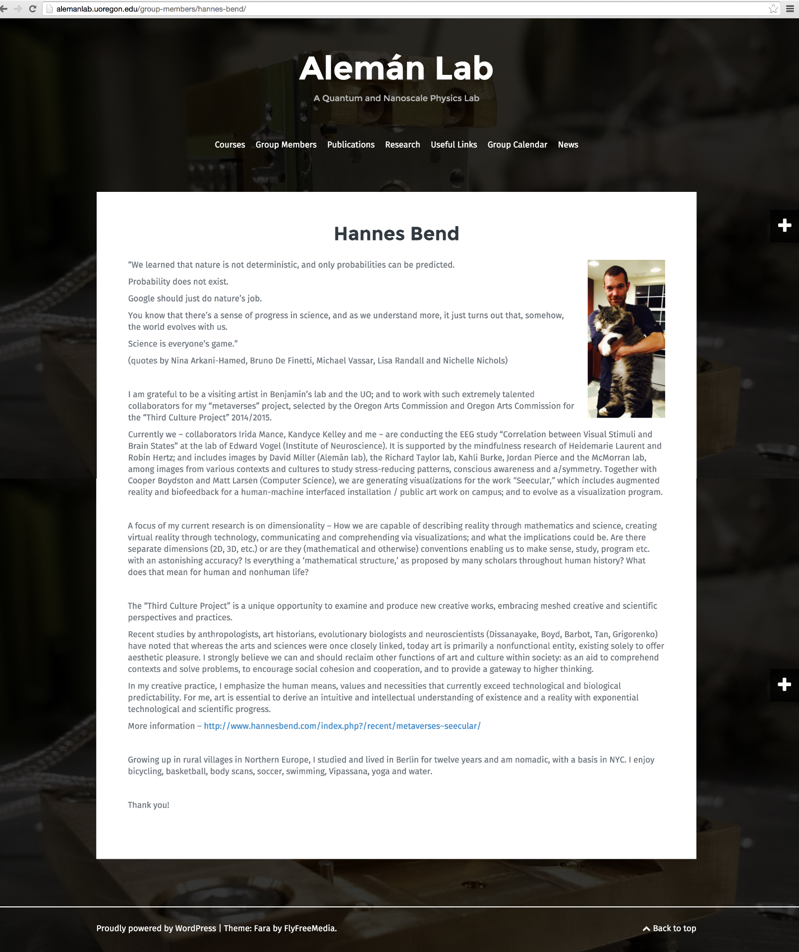 Hannes Bend profile at the Alemán Lab (Quantum & Nanoscale Physics), University of Oregon