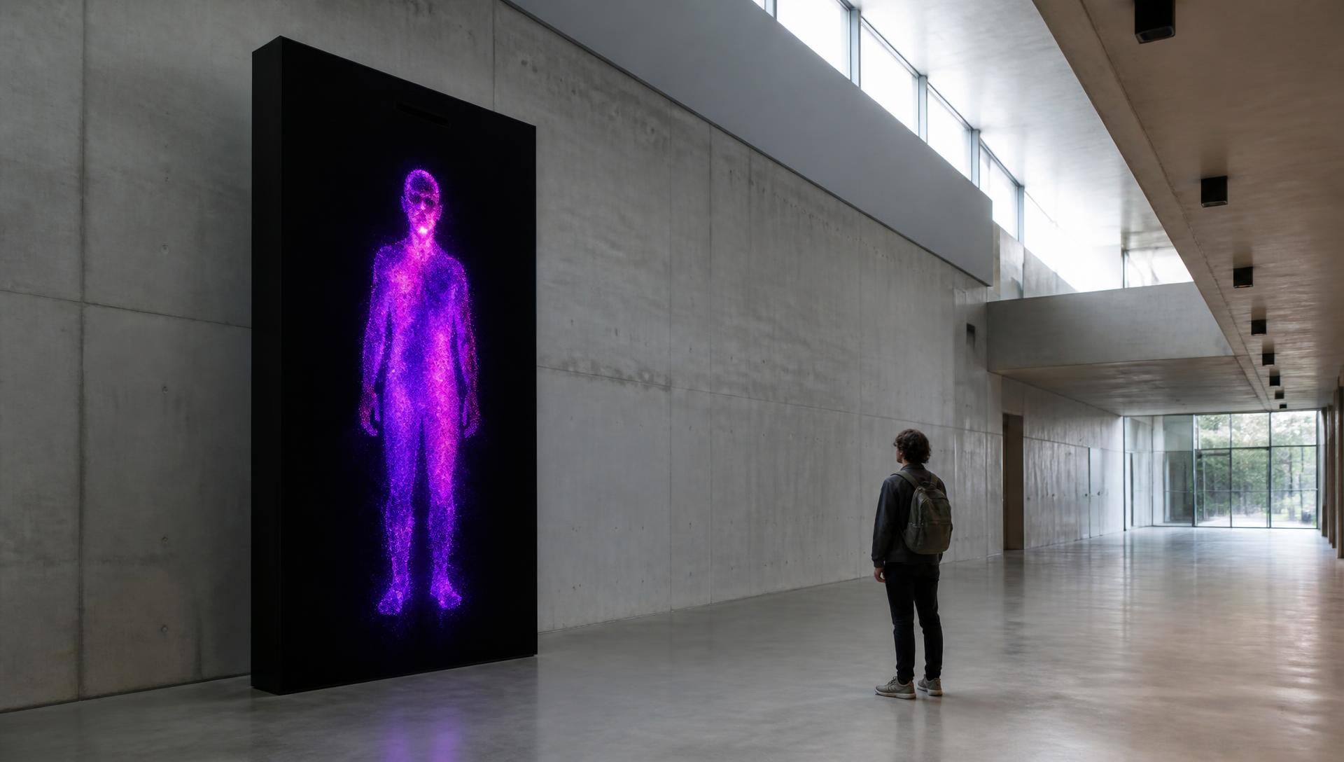 FORMLITH, 2014/2026 — installation study of a monumental freestanding black slab screen, roughly three and a half metres high, standing in the concrete ground-floor hallway of a university science building, showing a violet thermal figure while a passerby pauses at a distance