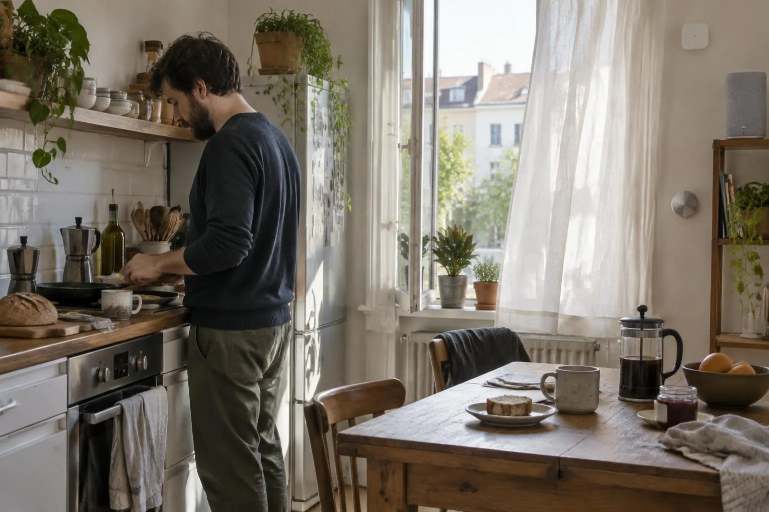 A lived-in apartment kitchen in the morning: an adult making breakfast by an open window, a curtain moving in the air, plants, a small wall sensor, a shelf speaker and a manual wall dial.