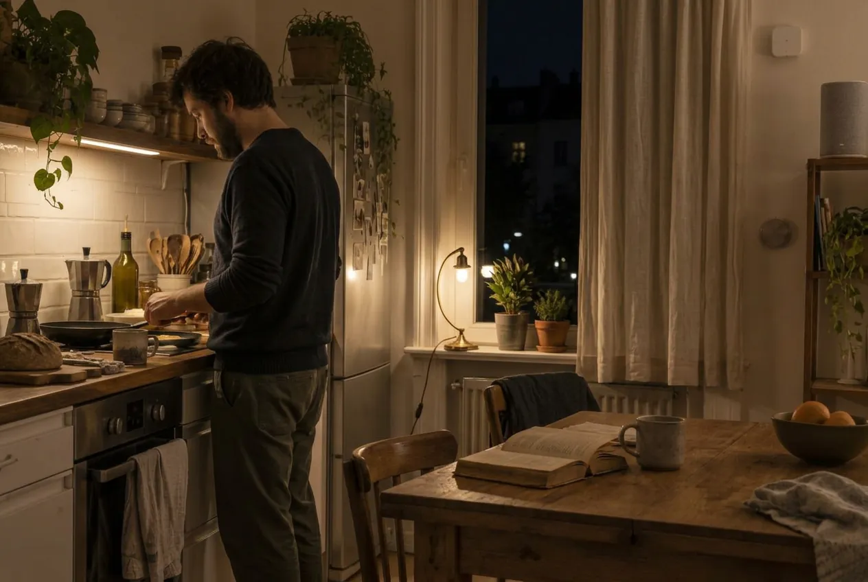 The same apartment kitchen in the evening: curtains drawn, one warm lamp lit, an open book and a mug on the wooden table.