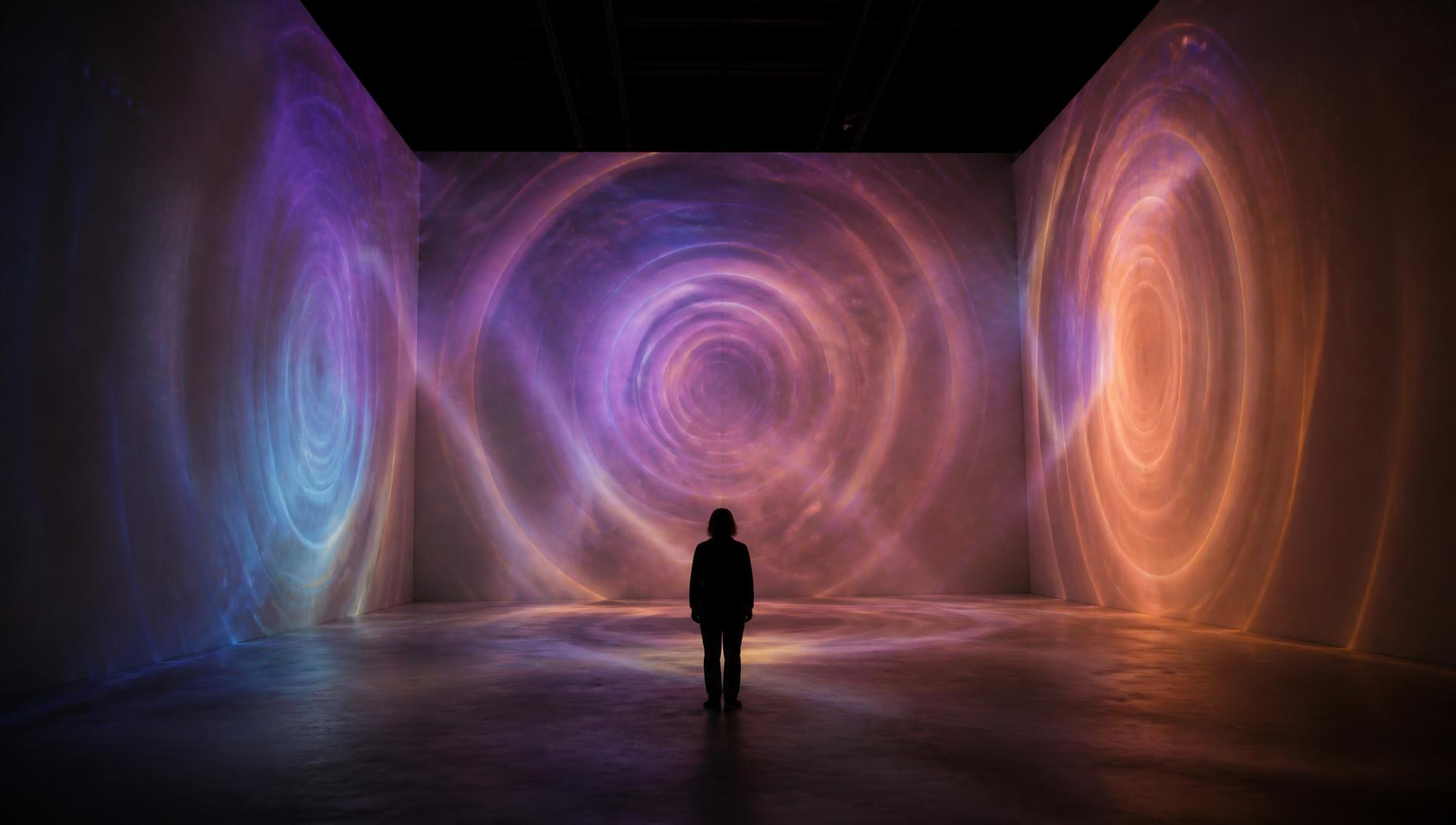 AutonoME, 2019/2026 — a single visitor standing in a darkened black-box gallery surrounded by monumental concentric rings of violet, blue and amber light; virtual realization of an unrealized immersive installation by Hannes Bend