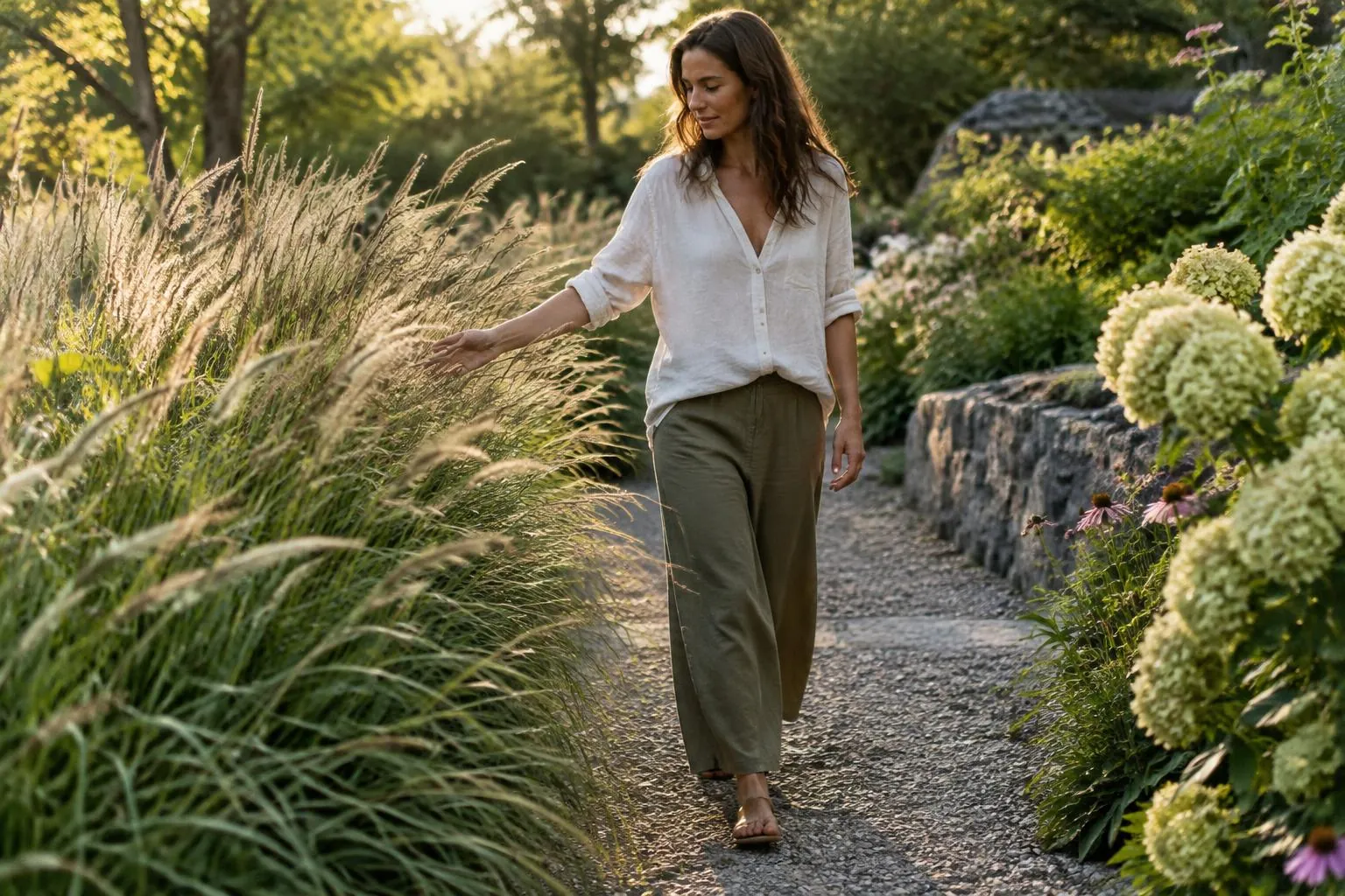 An adult walking slowly along a garden path between tall grasses in late-afternoon light, fingertips brushing the seed heads.