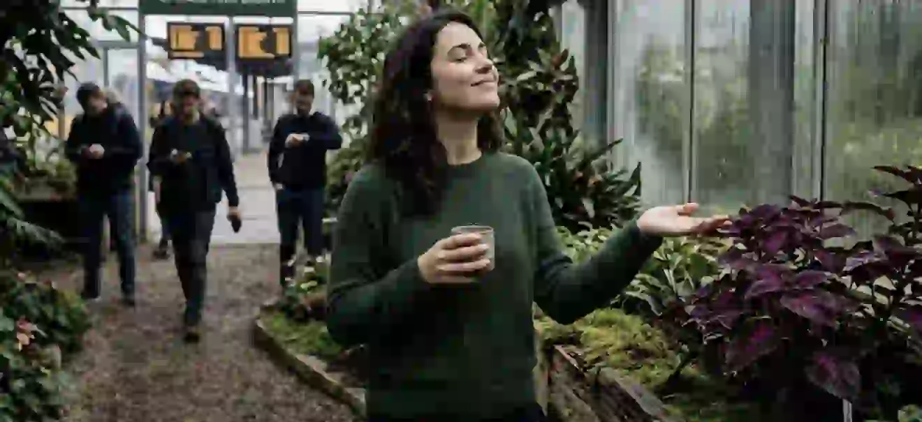 A woman stands with eyes closed in a greenhouse, holding a small cup, while three people walk behind her looking at their phones.