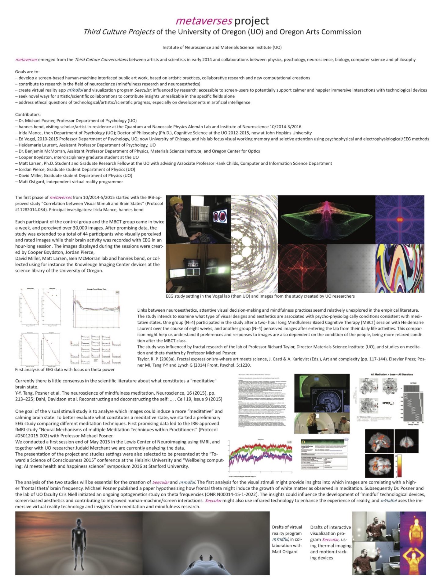 Metaverses project poster (2014–2016) by Hannes Bend — Third Culture Projects at the University of Oregon and Oregon Arts Commission; interdisciplinary art/science research on visual stimuli, brain states, meditation, VR biofeedback and bio-adaptive interfaces at the Alemán Quantum and Nanoscale Physics Lab and Institute of Neuroscience