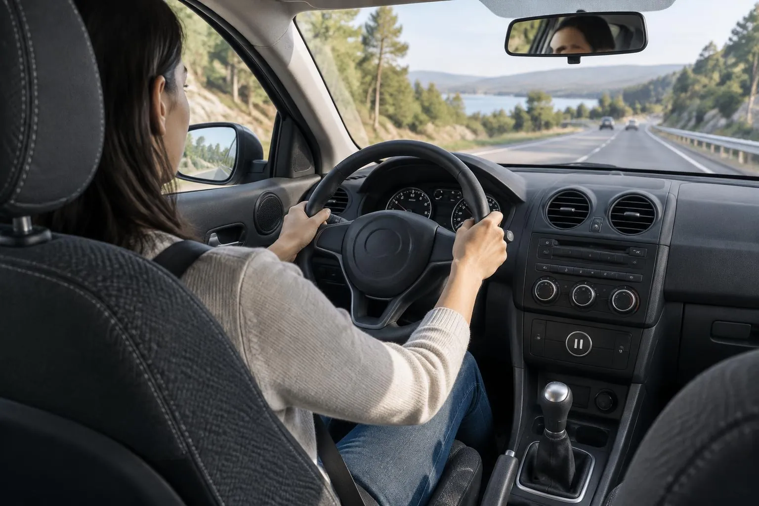 Car interior seen from the rear passenger side: a seat-belted driver with both hands on the wheel and eyes on the road, an uncluttered dashboard, a door speaker grille and a physical pause button on the console.