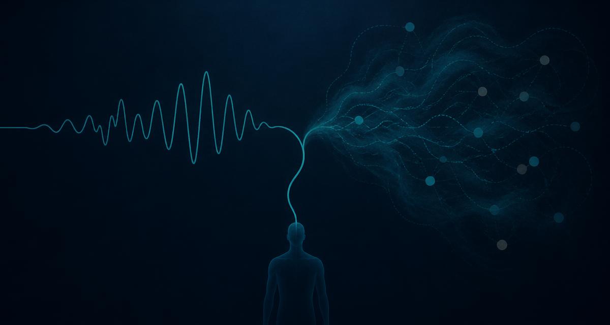 Abstract visualization: a measured waveform rises from a human silhouette on the left and dissolves into a diffuse cloud of uncertain interpretations on the right.
