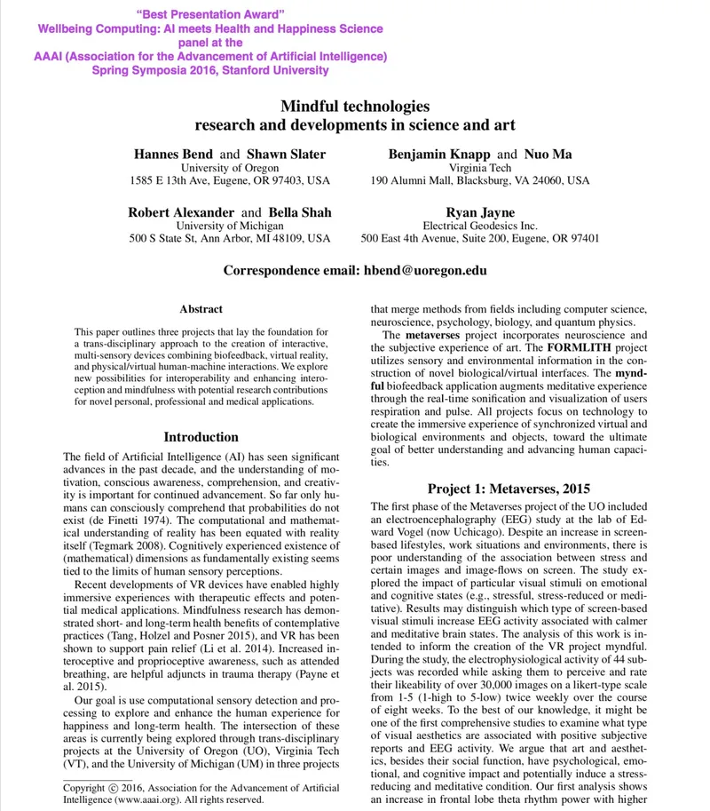First page of the paper “Mindful Technologies: Research and Developments in Science and Art”, AAAI Spring Symposium Series, 2016.