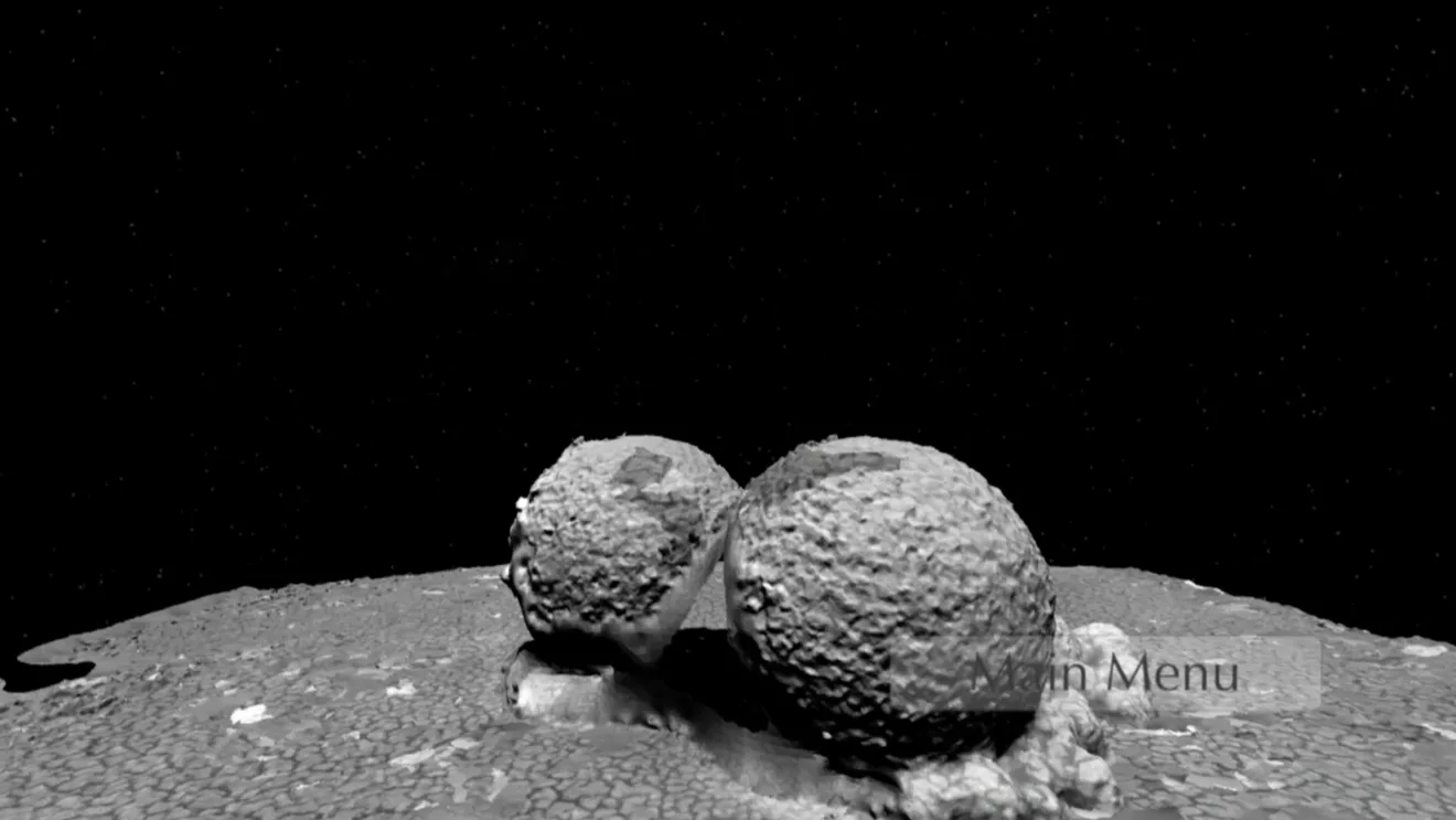 Virtual-reality Nanoscape composed of luminous clustered spheres against a dark field.