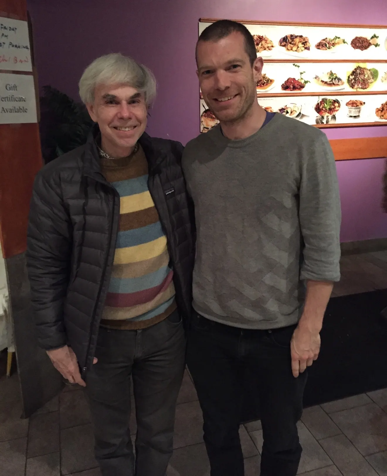 Hannes Bend with cognitive scientist Douglas Hofstadter in a restaurant in Madison, Wisconsin, 2015.