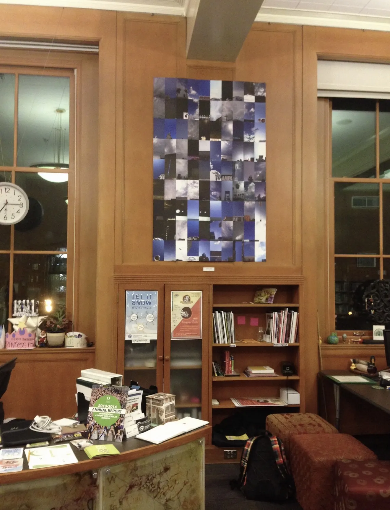 Framed photographs from the Up…Up…Up…Up… series displayed at the University of Oregon.