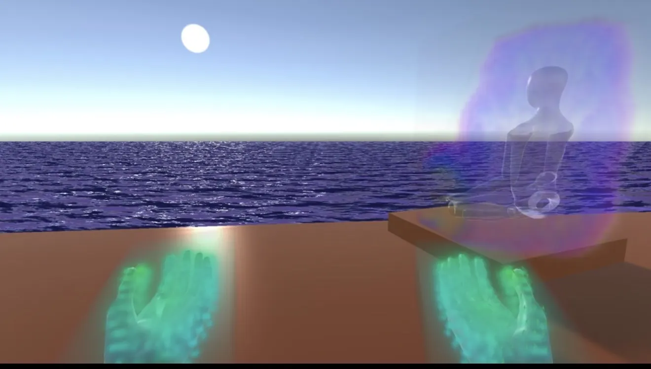 Virtual ocean scene with luminous hands in the foreground and a translucent seated figure.