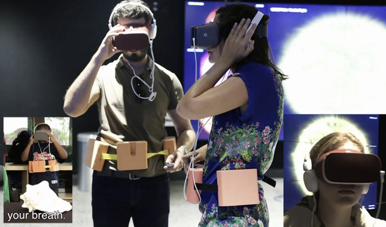 Visitors at the Frost Museum of Science in Miami wearing VR headsets and orange foam breath-sensor belts.