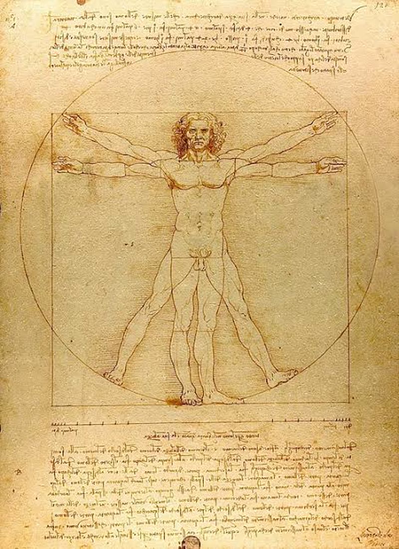 Leonardo da Vinci Vitruvian Man (c. 1490) pen and ink proportion drawing on aged paper