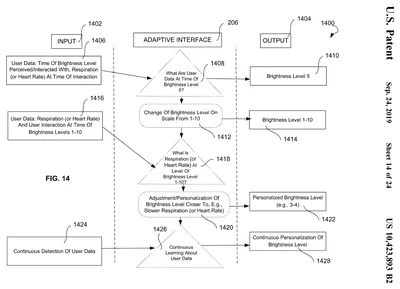 US 10,423,893 B2, Figure 14: patent flowchart depicting disclosed brightness-level personalization from user data through an adaptive interface to display output.