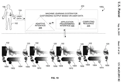 US 10,423,893 B2, Figure 19: patent drawing of four artificial-olfaction output examples beneath an adaptive-interface system diagram.