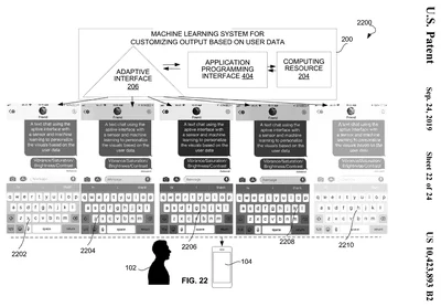 US 10,423,893 B2, Figure 22: patent drawing of a sequence of mobile-interface outputs connected to adaptive-interface, programming and computing components.